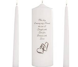 $50 plus shipping Wedding Unity Candle Set, with 9-inch Pillar with Double Heart Motif and This Day I Marry My Friend Verse, with 10-inch Taper Candles, White